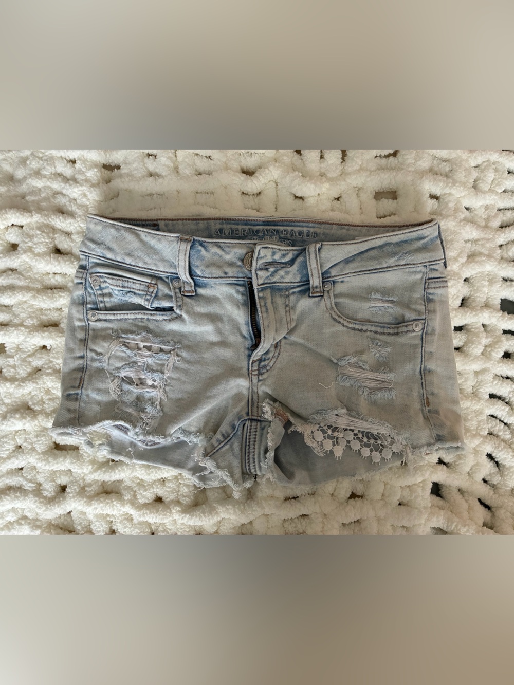 American Eagle Outfitters Light Blue Distressed Denim Shorts with Lace Accents